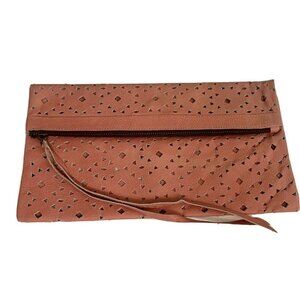 Cleobella Issa Pink Leather Boho Clutch Magnetic & Tassel Zip Closure Cutouts